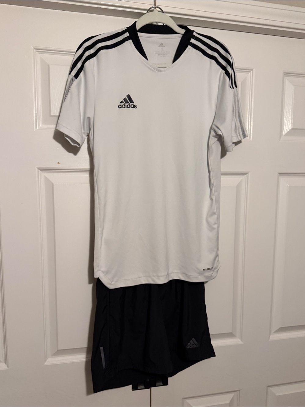 adidas White & Black PrimeGreen Jersey & Black Climalite shorts Men’s (Small)